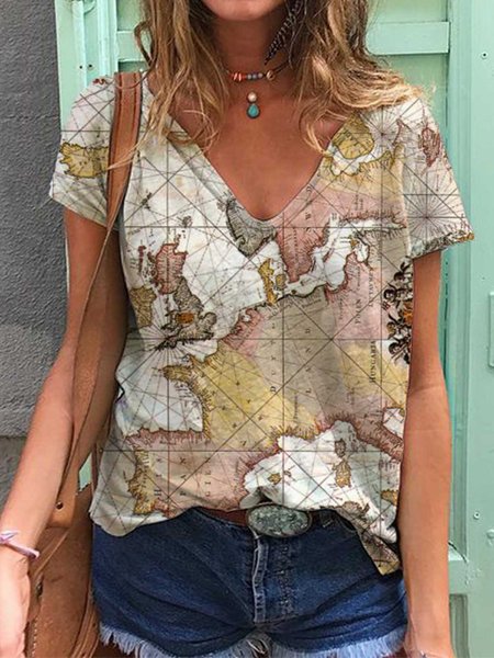 

Dritto Stampato Misto Cotone Maniche Corte Top, Cachi, Tops