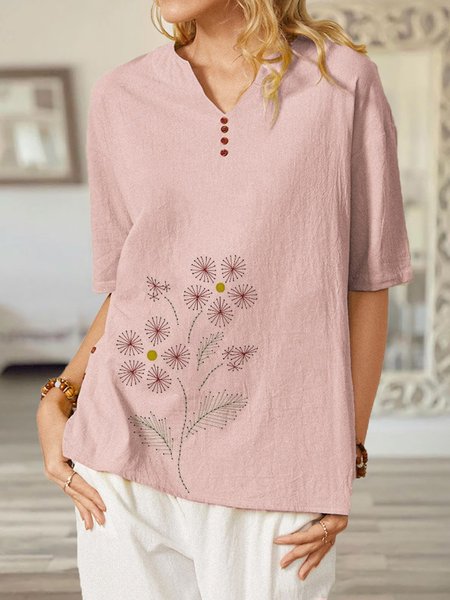 

Flower Printed V-neck Button Short Sleeve Casual T-Shirt, Pink, Tops