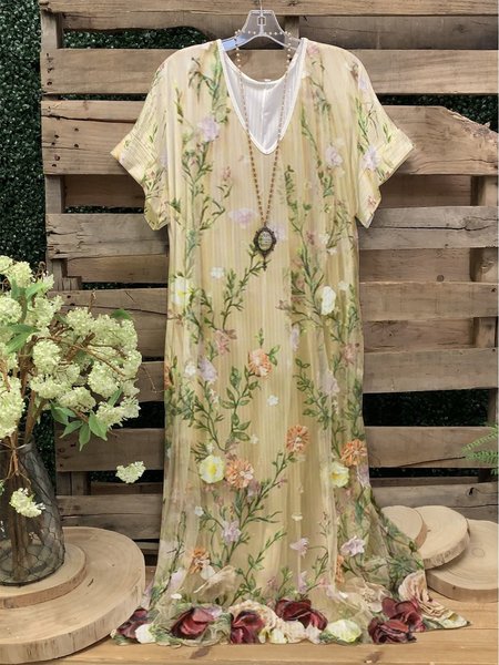 Romantico Nozze Floreale Dritto Stampato Floreale Vacanza Abito, Beige, Casual Dresses