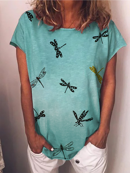 

Stampato Casuale Maniche Corte Top, Blu, T-Shirts