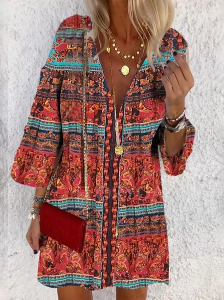

New Women Chic Plus Size Vintage V Neck Long Sleeve Shift Tribal Weaving Dress, Red, Dresses
