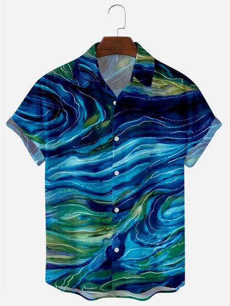 Mens Ocean Wave Print Lapel Casual Loose Short Sleeve Hawaiian Shirt, Navy blue, Shirts