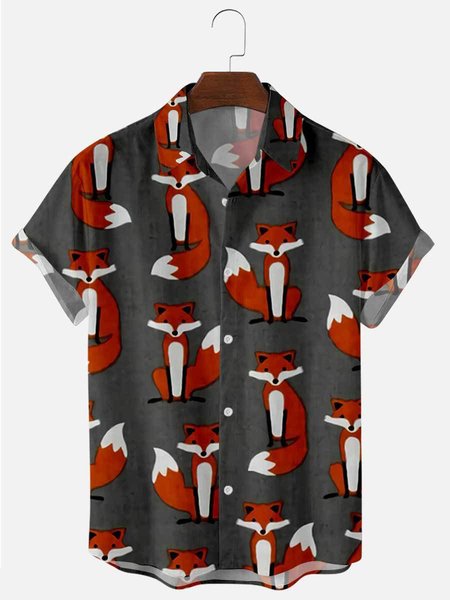 

Mens Vintage Fox Print Lapel Casual Loose Short Sleeve Hawaiian Shirt, Dark green, Shirts