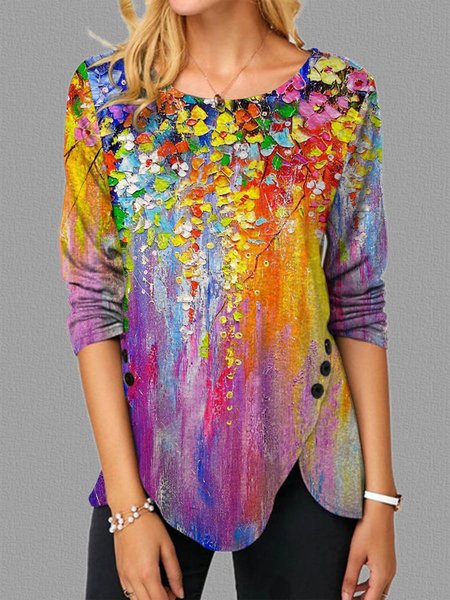 

Flower Graphic Long Sleeve Round Neck Loose Top, Multicolor, Tops
