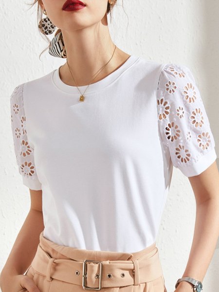 

Short Sleeve Casual Crew Neck Shift Top, White, Blouses and Shirts