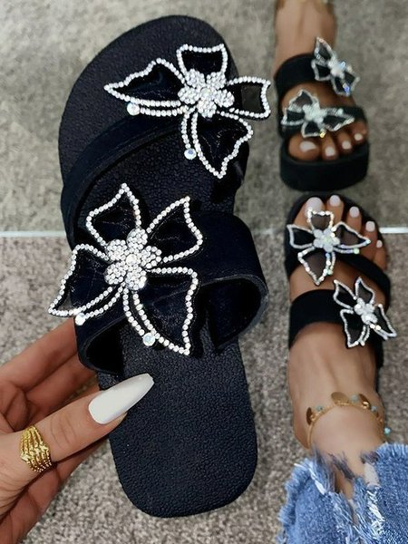 

Butterfly Rhinestone Summer Thick Bottom Holiday Sandals, Black, Shoes