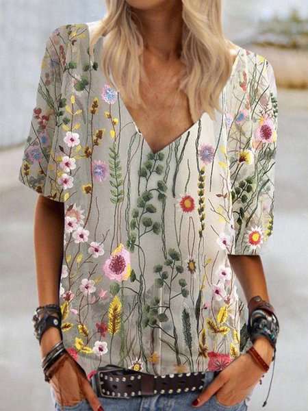 

Misto Cotone Floreale Scollo a V Maniche Corte Top, Albicocca, Tops