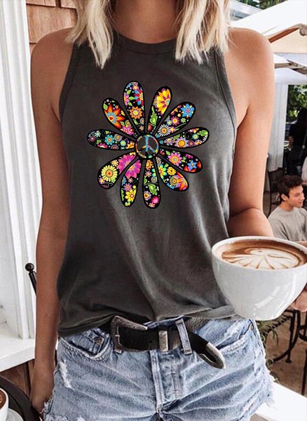 

Peace Flower Crew Neck Sleeveless Women Tanks & Camis, Gray, Tank Tops