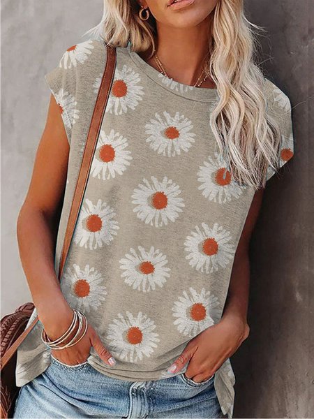 

Floreale Maniche Corte Colletto a Camicia Top, Kahaki chiaro, Tops