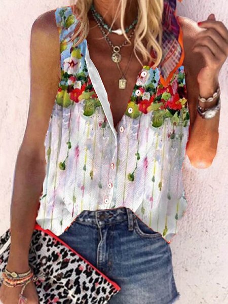 

Casual Sleeveless Floral-Print Blouse, White, Tanks & Camis