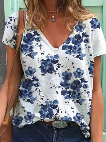 

Maniche Corte Scollo a V Floreale Casuale Top, Bianco, Tops