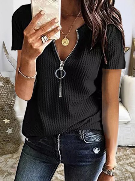 

Zipper Solid Shift Casual T-shirt, Black, T-Shirts