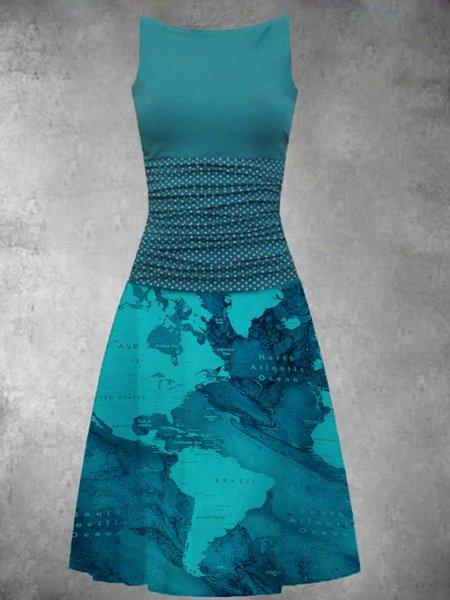 

Vintage senza maniche Stampato Abito, Blu, Dresses
