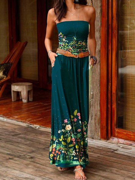 

Bohemian Sexy Senza Spalline Floreale Misto Cotone senza maniche Abito, Blu, Dresses