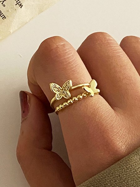 

Simple Micro Inlaid Butterfly Joint Double Ring, Gold, Rings