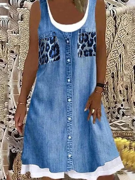 

Casuale Leopardo Girocollo Abito, Blu, Dresses