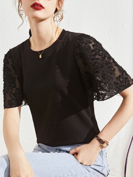 

Holiday Short Sleeve Shift Cotton For Work Top, Black, Blouses and Shirts