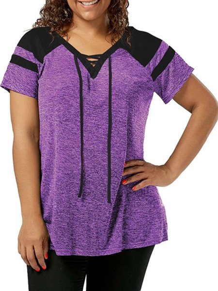 

Cotton-Blend Short Sleeve V Neck Casual Tops, Purple, T-Shirts