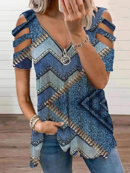 

Cerniera Maniche Corte Casuale Top, Blu, Blouses & Shirts