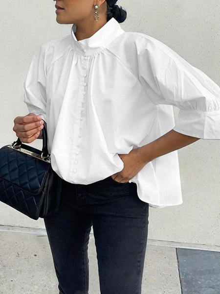 

Stand Collar A-Line Cotton-Blend Shirts & Tops, White, Tops