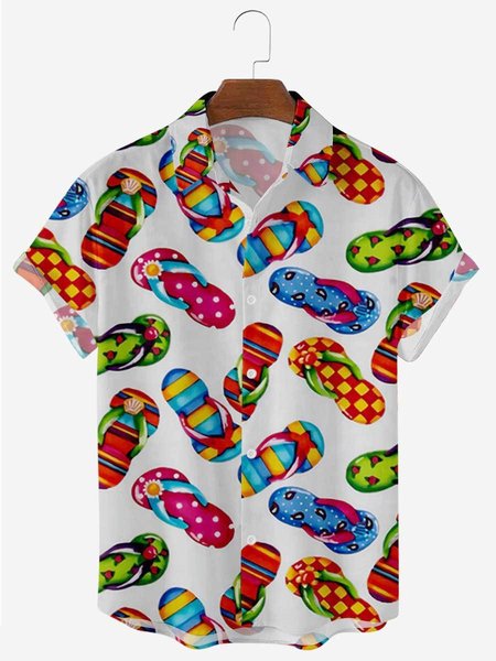 Mens Beach Slippers Print Lapel Casual Loose Short Sleeve Hawaiian Shirt, White, Men's Floral shirt