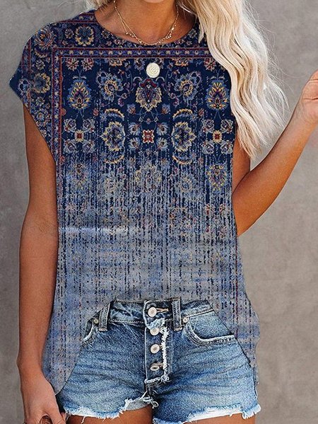 

Maniche Corte Misto Cotone Top, Blu, Tops