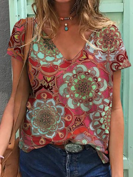 

V Neck Short Sleeve Casual Women Tee, Red, T-shirts