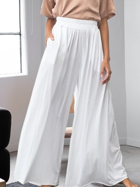 

Cotton-Blend Plain Shirred Pants, White, Pants