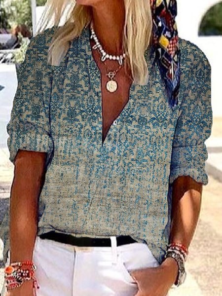 

Vintage 3/4 Manica Geometrico Stampata Floreale Scollo a V taglia grande Casuale Top, Blu, Tops