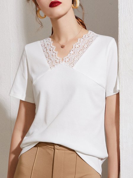 

Solid Paneled Short Sleeve Casual For Work Top, White, Blouses and Shirts