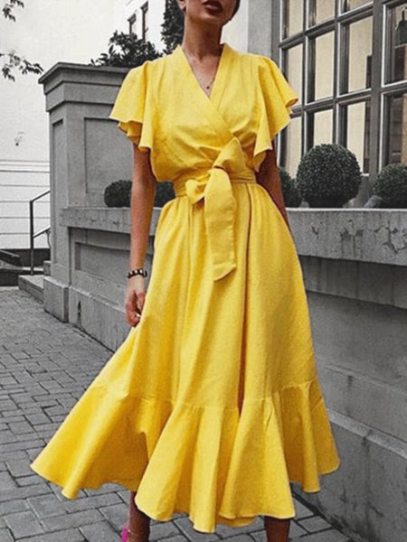 

A-Line V Neck Short Sleeve Holiday Midi Dress, Yellow, Midi Dresses