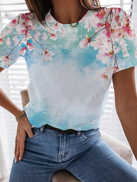 

Dritto Maniche Corte Casuale Stampato Floreale Top, Blu, Blouses & Shirts