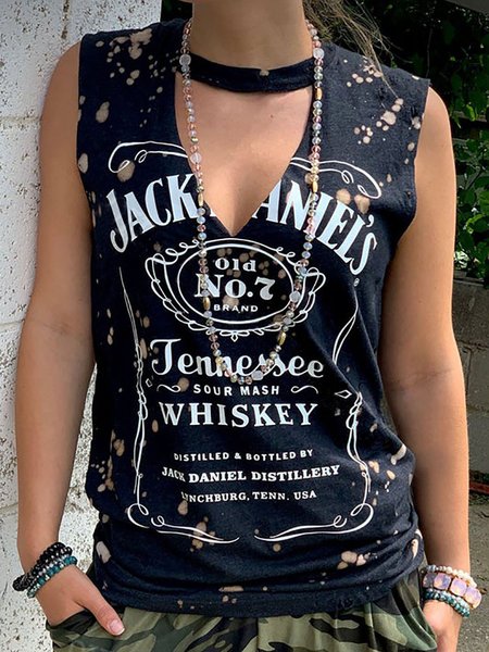 

Cotton Crew Neck Letter Sleeveless T-shirt, As picture, Auto-clearance