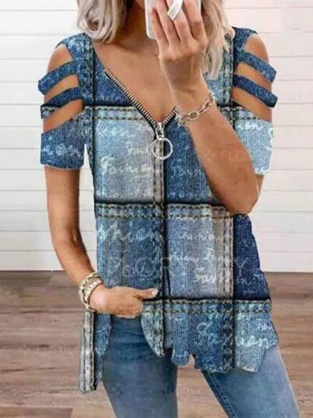 

Short Sleeve Cotton-Blend Shift V Neck Tops, Blue, T-Shirts