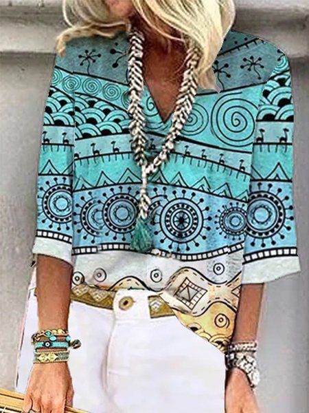 

V Neck Holiday 3/4 Sleeve Shift Shirts & Tops, Blue, Tops