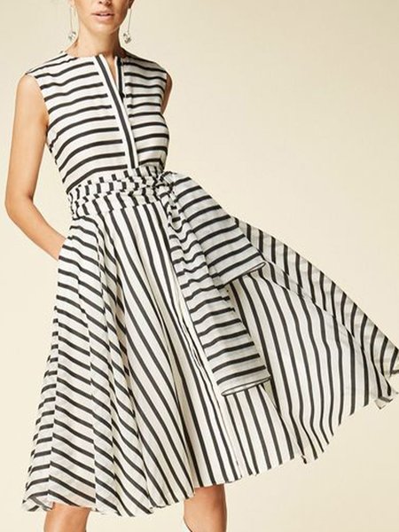 

Stripes Sleeveless Pockets A-Line Midi Dress, As picture, Midi Dresses