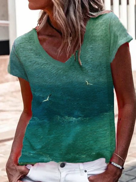 

Cotton-Blend V Neck Short Sleeve Shirts & Tops, Green, Tops