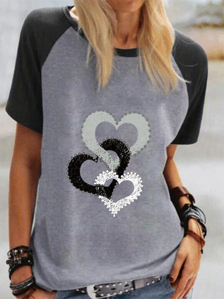 Stampato Girocollo Cotone Maniche Corte Top, Grigio, Tops