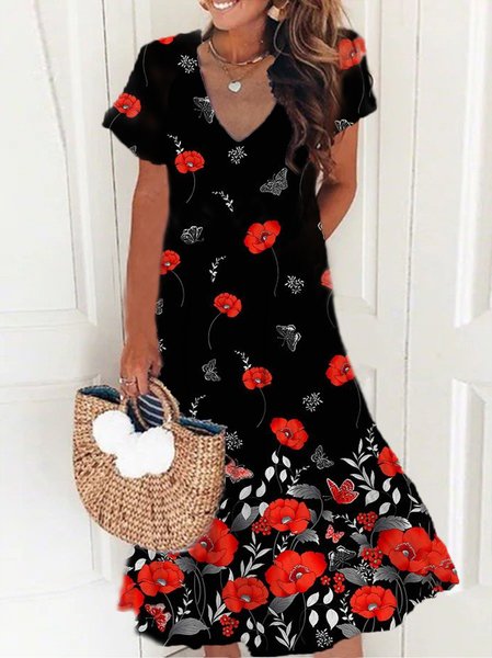 

Nuovo Donna Chic taglia grande Vintage Bohemian Vacanza Floreale Papaveri Maniche Corte Dritto Abito, Nero, Dresses