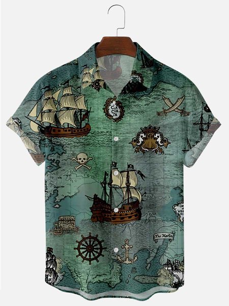 

Men's Vintage map New Style Short Sleeve Casual Loose Shirt, Blue, Shirts
