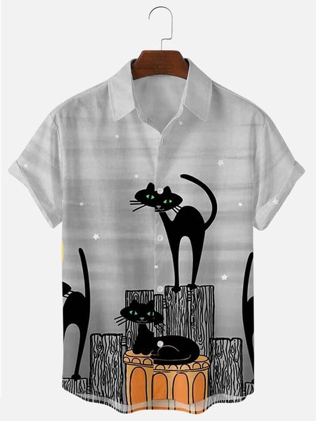 

Mens Black Cat Print Lapel Casual Loose Short Sleeve Shirt, Gray, Shirts