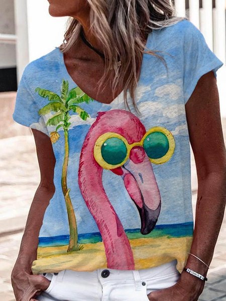 

Casual Printed Short Sleeve Crew Neck T-shirt, Blue, Tops