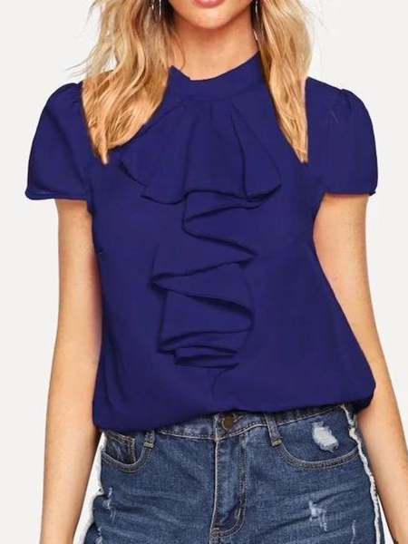 

Ruffled Work A-Line Short Sleeve Crew Neck Blouse, Royal blue, Blouses and Shirts