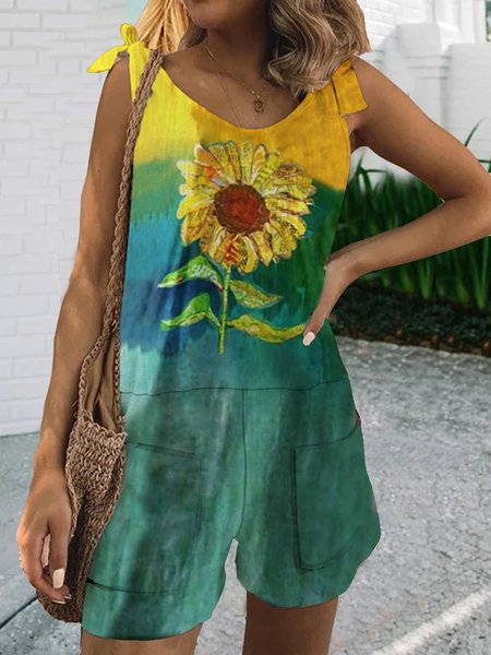 

Sleeveless Casual Sunflower Ombre/tie-Dye Jumpsuit & Romper, Green, Jumpsuits＆Rompers