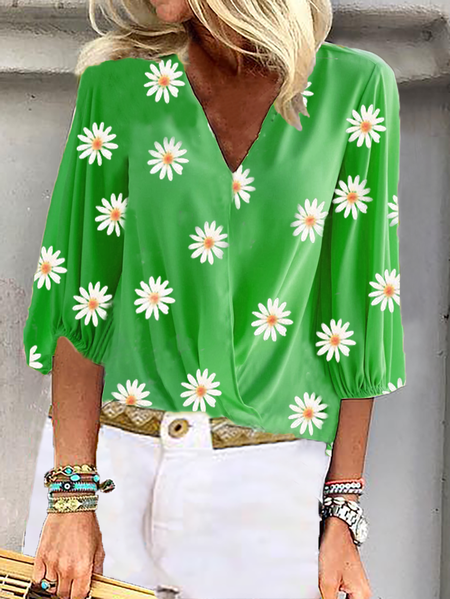 

Plus size Daisy Printed Casual Shirts & Tops, Green, Tops