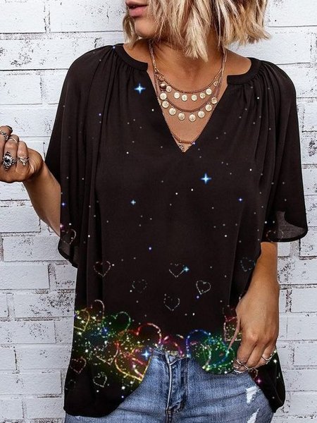 Scollo a V Misto Cotone Casuale Ombre/Tintura a nodi Top, Nero, Blouses & Shirts