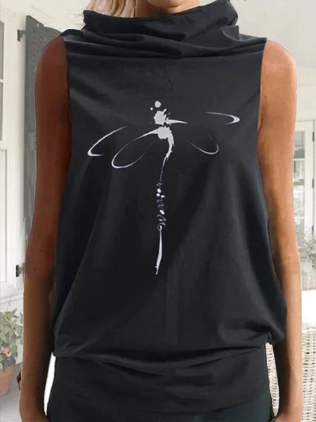 

Casuale senza maniche Libellula Stampato Top Misto Cotone, Nero, Tops