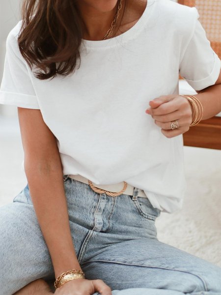

Cotone Maniche Corte Casuale Top, Bianco, Tops