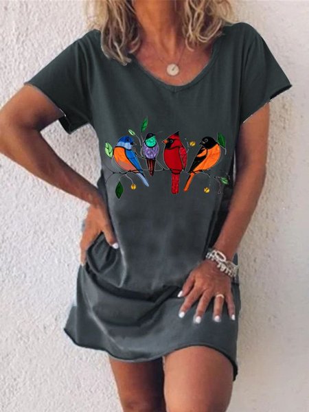 

Scollo a V Casuale Misto Cotone uccello Stampato Abito, Grigio scuro, Dresses