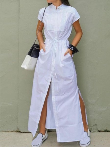 

Stand Collar Short Sleeve Solid Pockets Maxi Dress, White, Maxi Dresses